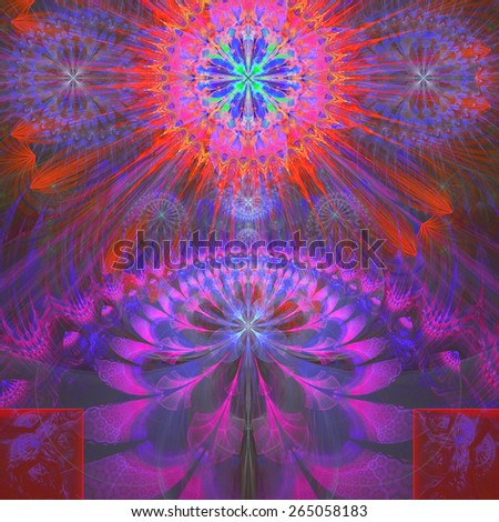 Abstract modern vivid shining spring fractal flower and star background flowers/stars on top and a larger flower on the bottom with decorative arches. In high resolution and in pink,purple,red,cyan