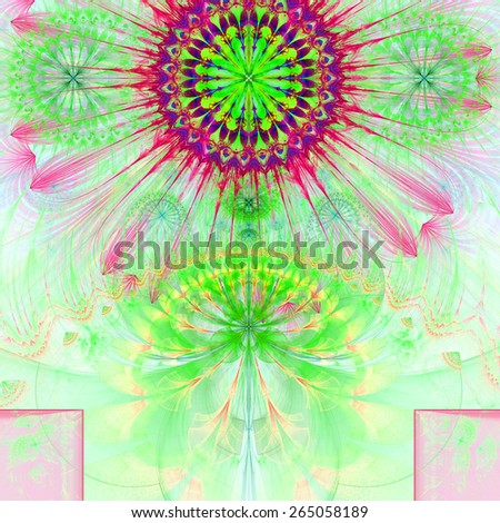 Abstract modern vivid pastel fractal flower and star background flowers/stars on top and a larger flower on the bottom with decorative arches. All in high resolution and in green,yellow,pink,purple