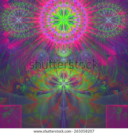 Abstract modern vivid shining spring fractal flower and star background flowers/stars on top and a larger flower on the bottom with decorative arches. In high resolution and in green,pink,purple