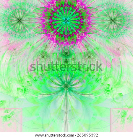 Abstract modern pastel vivid spring fractal flower and star background flowers/stars on top and a larger flower on the bottom with decorative arches. All in high resolution and in green and pink