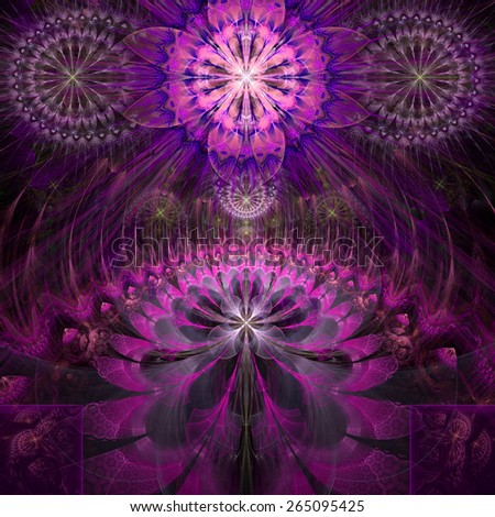 Abstract modern spring fractal flower and star background flowers/stars on top and a larger flower on the bottom with decorative arches. All in high resolution and in pink,purple,green colors