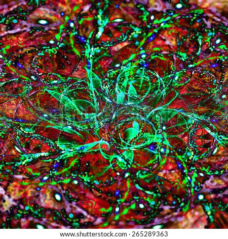 3 dimensional abstract tangled interwoven alien fractal flower background, all in high resolution and dark vivid green,red,blue colors