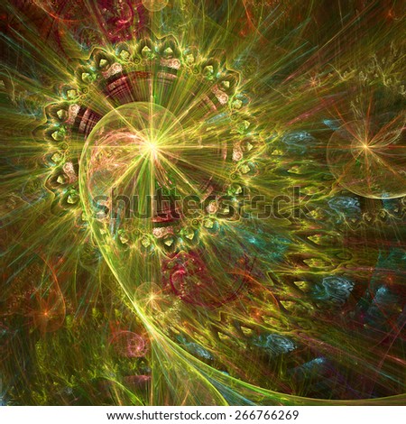 Abstract crazy dynamic spiral background with rings and stars, with major spiral surrounded by a decorative ring in the upper left corner. All in high resolution and in shining yellow,red,blue