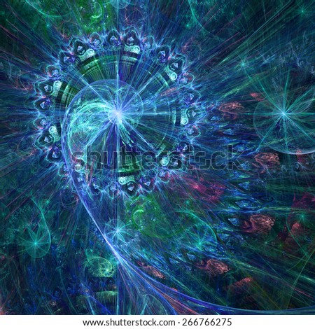 Abstract crazy dynamic spiral background with rings and stars, with major spiral surrounded by a decorative ring in the upper left corner. All in high resolution and in shining green,blue,teal,pink