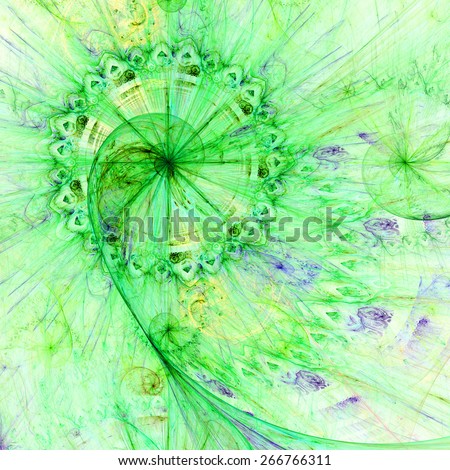 Abstract crazy dynamic spiral background with rings and stars, with major spiral surrounded by a decorative ring in the upper left corner.All in high resolution and in pastel light green,yellow,purple
