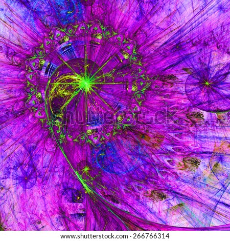Abstract crazy dynamic spiral background with rings and stars, with the major spiral surrounded by a ring in the upper left corner. All in high resolution and in dark vivid pink,purple,yellow,green