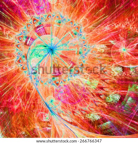 Abstract crazy dynamic spiral background with rings and stars, with the major spiral surrounded by a decorative ring in the upper left corner. All in high resolution and bright red,yellow,blue,pink