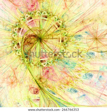 Abstract crazy dynamic spiral background with rings and stars,with major spiral surrounded by a decorative ring in upper left corner. All in high resolution and in pastel light yellow,green,pink,blue