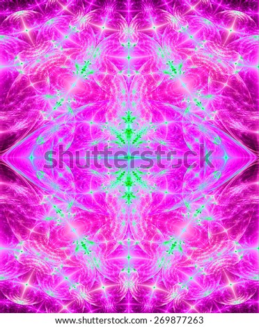 Abstract high resolution fractal background with a detailed diamond shaped pattern in dark glowing pink and green