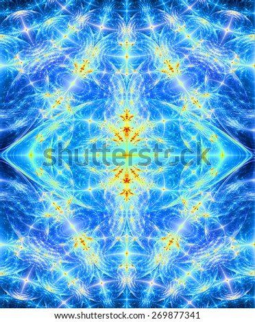 Abstract high resolution fractal background with a detailed diamond shaped pattern in dark glowing blue and yellow
