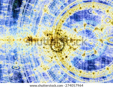 Abstract circular fractal background in bright blue and yellow colors with a detailed industrial mechanical-like pattern on it