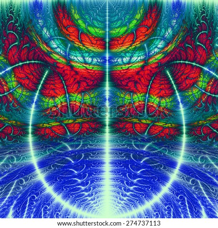 Abstract vivid shining blue,green,red leafy background with a detailed pattern on it and a large shining central leaf