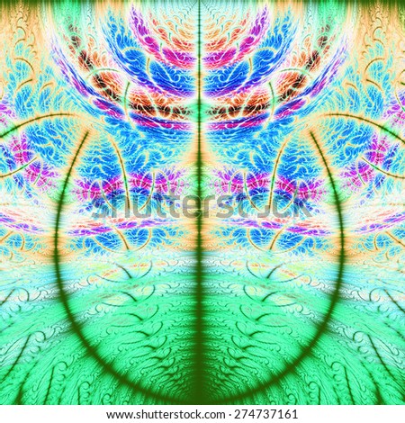Abstract psychedelic-like colored vivid green,blue,pink,yellow leafy background with a detailed pattern on it and a large central leaf