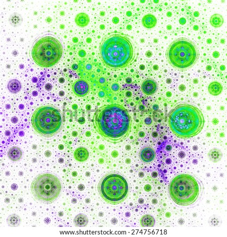 Abstract vivid glowing green,blue,pink,purple background with a circular round pattern made out of small and large decorated circles with circles within them