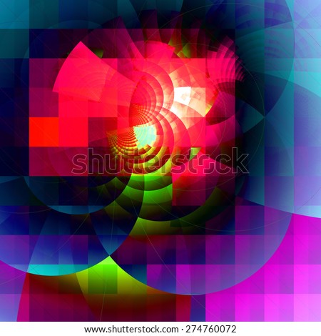 Abstract fractal high resolution geometric square grid background with decorative arches in dark vivid shining pink,red,blue,green,purple colors