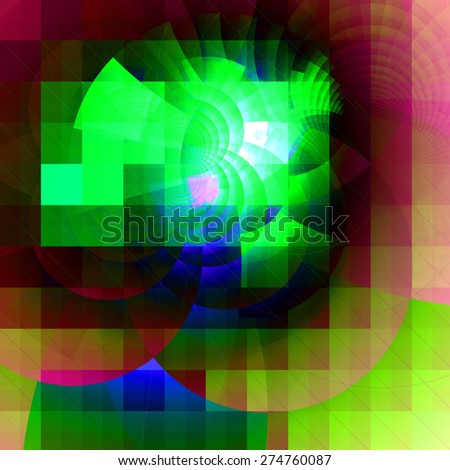 Abstract fractal high resolution geometric square grid background with decorative arches in dark vivid shining green,pink,yellow,blue colors