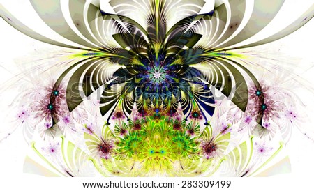 Amazing abstract fractal wallpaper with one large bright flower hovering over several smaller ones, all in high resolution and in dark glowing vivid yellow,green,pink,blue