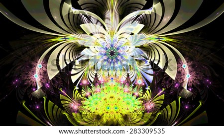 Amazing abstract fractal wallpaper with one large bright flower hovering over several smaller ones, all in high resolution and in bright vivid white,yellow,pink,blue