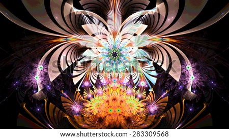 Amazing abstract fractal wallpaper with one large bright flower hovering over several smaller ones, all in high resolution and in bright vivid white,yellow,pink,green