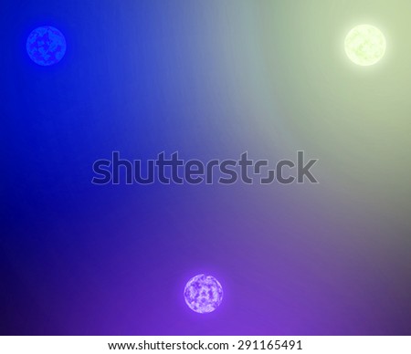 Abstract shining background with three suns balanced against each other with intermingled coronas, all in yellow,purple,pink