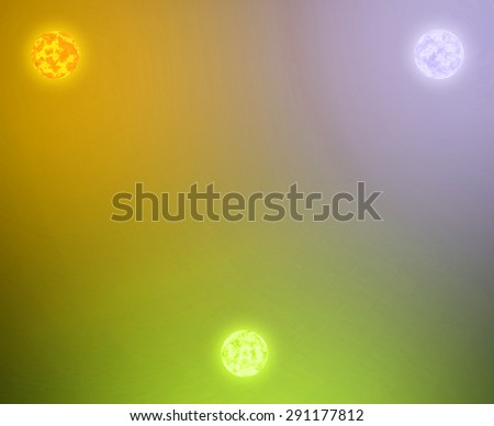Abstract shining background with three suns balanced against each other with intermingled coronas, all in pink,yellow,green