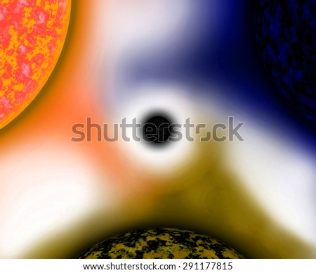 Abstract dark pastel background with three large suns balanced against each other with intermingled coronas spiraling in the center around a black star, all in dark pastel purple, orange, yellow,green