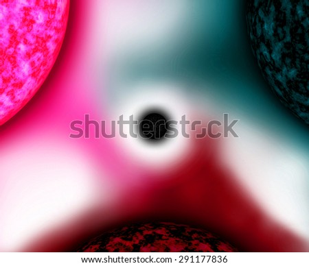 Abstract dark pastel background with three large suns balanced against each other with intermingled coronas spiraling in the center around a black star, all in dark pastel pink,red,cyan