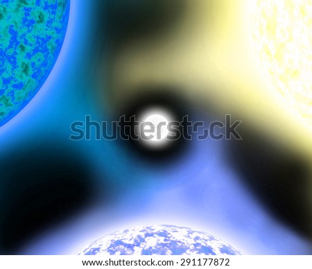Abstract shining background with three large suns balanced against each other with intermingled coronas spiraling in the center around a white star, all in blue,purple,yellow