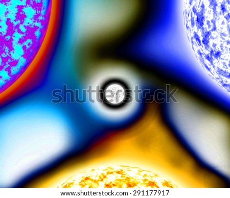 Abstract bright shining background with three large suns balanced against each other with intermingled coronas spiraling in the center around a white star, all in bright blue,purple,pink,yellow
