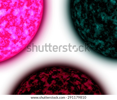 Abstract dark glowing background with three large suns balanced against each other in pink,red,green and against white color