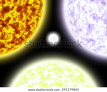 Abstract shining background with three large suns balanced against each other with a white star in the center, all in yellow,red,pink