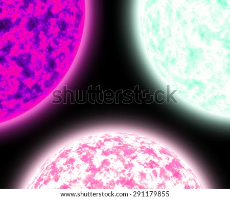 Abstract shining background with three large suns balanced against each other in pink,purple,green