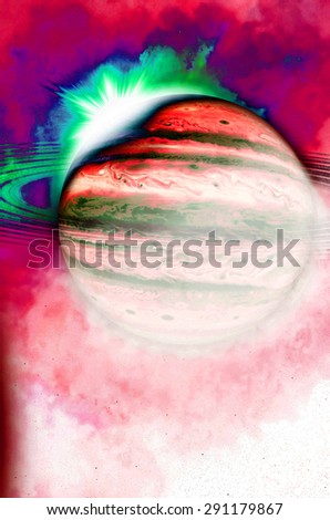 Abstract vivid pink,purple,green colored pastel dawn over a gas giant with a nebula in the background
