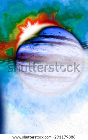 Abstract vivid blue,green,red colored pastel dawn over a gas giant with a nebula in the background