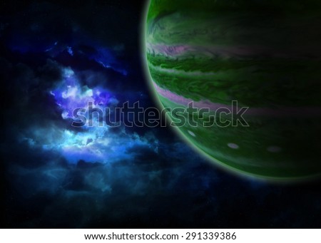 Large blue and purple nebula in the background of a green gas giant  resembling an entrance to a different dimension