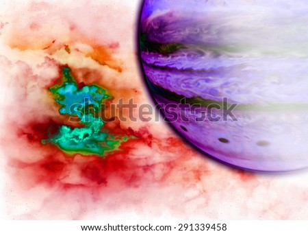 Abstract vivid background of a large red,yellow,blue,green nebula in the background of a purple gas giant resembling an entrance to a different dimension