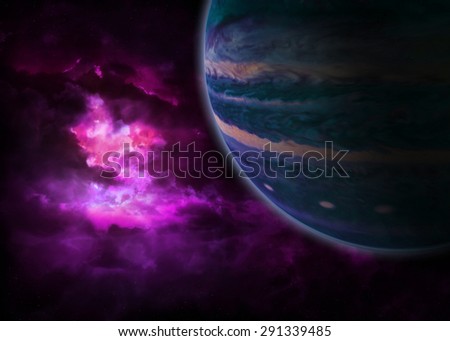 Large pink nebula in the background of a blue gas giant resembling an entrance to a different dimension