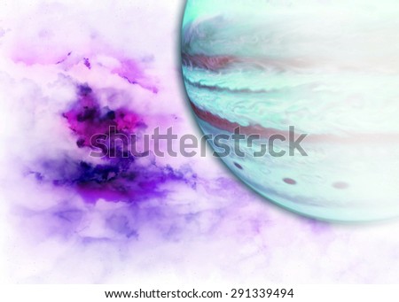 Abstract pastel background of a large pink and purple nebula in the background of a cyan and pink gas giant resembling an entrance to a different dimension