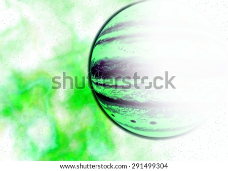 Abstract inverted background with a nebula in green colors in front of a purple gas giant, all in high resolution.