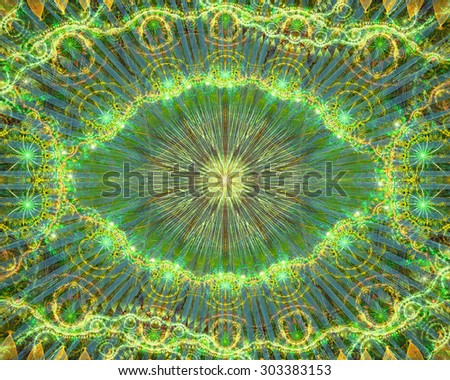 Abstract modern colorful background with a decorative eye-like symbol and flower decoration, all in shining green,yellow,blue