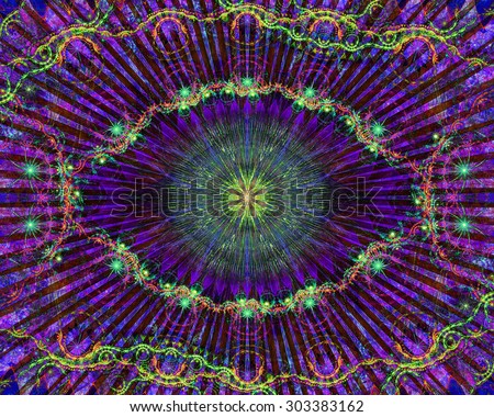 Abstract modern colorful background with a decorative eye-like symbol and flower decoration, all in dark vivid shining purple,green,yellow,blue