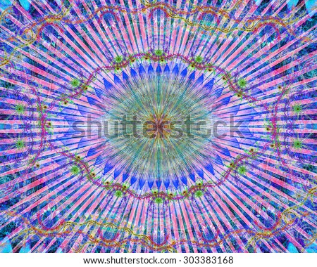 Abstract modern colorful background with a decorative eye-like symbol and flower decoration, all in bright pink,purple,blue,green