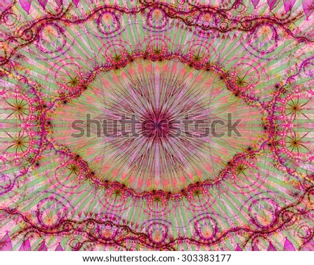 Abstract modern colorful background with a decorative eye-like symbol and flower decoration, all in light pastel pink,orange,green,red