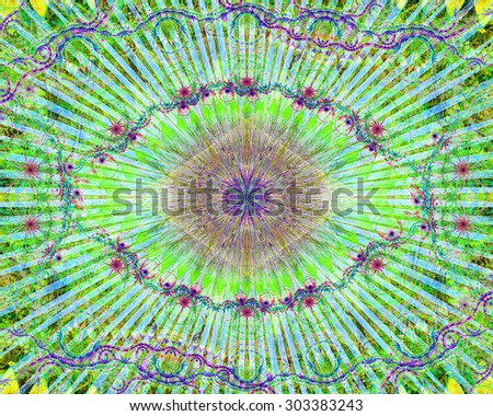 Abstract modern colorful background with a decorative eye-like symbol and flower decoration, all in bright green,blue,purple