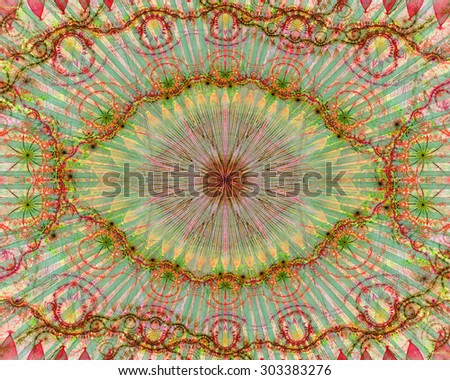 Abstract modern colorful background with a decorative eye-like symbol and flower decoration, all in light pastel red,yellow,green,pink