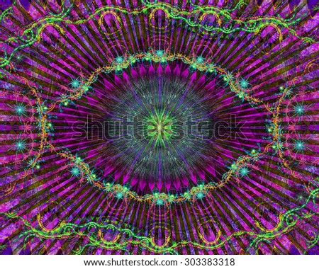 Abstract modern colorful background with a decorative eye-like symbol and flower decoration, all in dark vivid shining pink,purple,blue,green