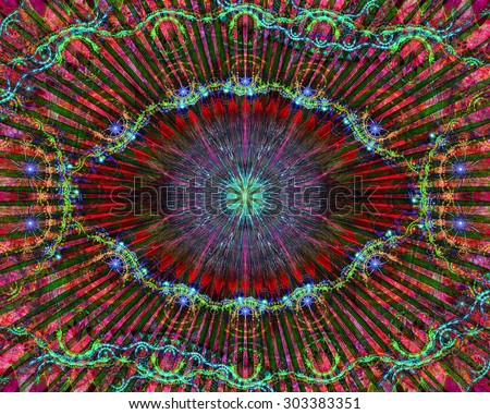 Abstract modern colorful background with a decorative eye-like symbol and flower decoration, all in dark vivid shining teal,red,pink,green