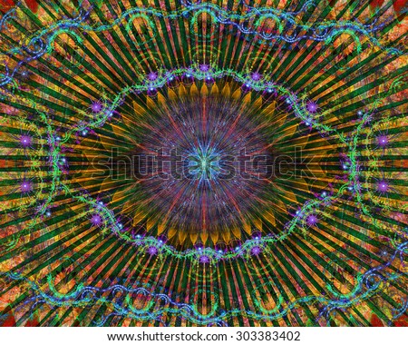 Abstract modern colorful background with a decorative eye-like symbol and flower decoration, all in dark vivid shining blue,yellow,orange,green,pink