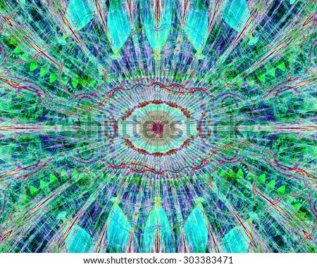 Abstract modern colorful background with a decorative eye-like symbol in the center and flower petal decoration surrounding it, all in bright vivid teal,green,blue,pink