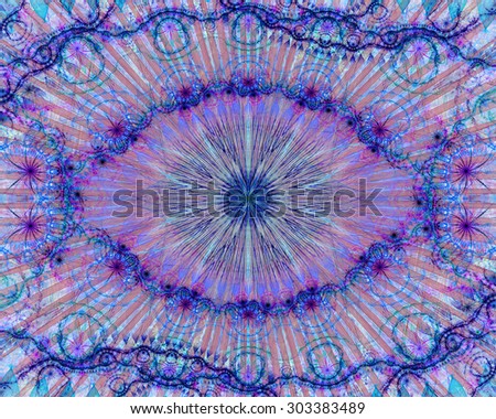 Abstract modern colorful background with a decorative eye-like symbol and flower decoration, all in light pastel blue,pink,yellow,cyan